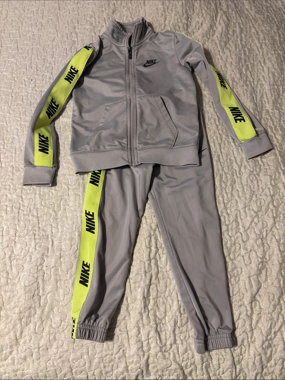 Nike Kids Gray Sweatpants & Jacket Set with Neon Yellow Stripes